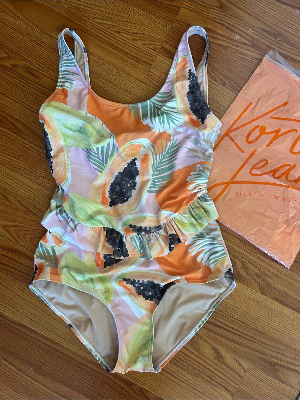 Kortni Jean Tropical Papayas Print One-Piece Waist Ruffle Swimsuit Like New